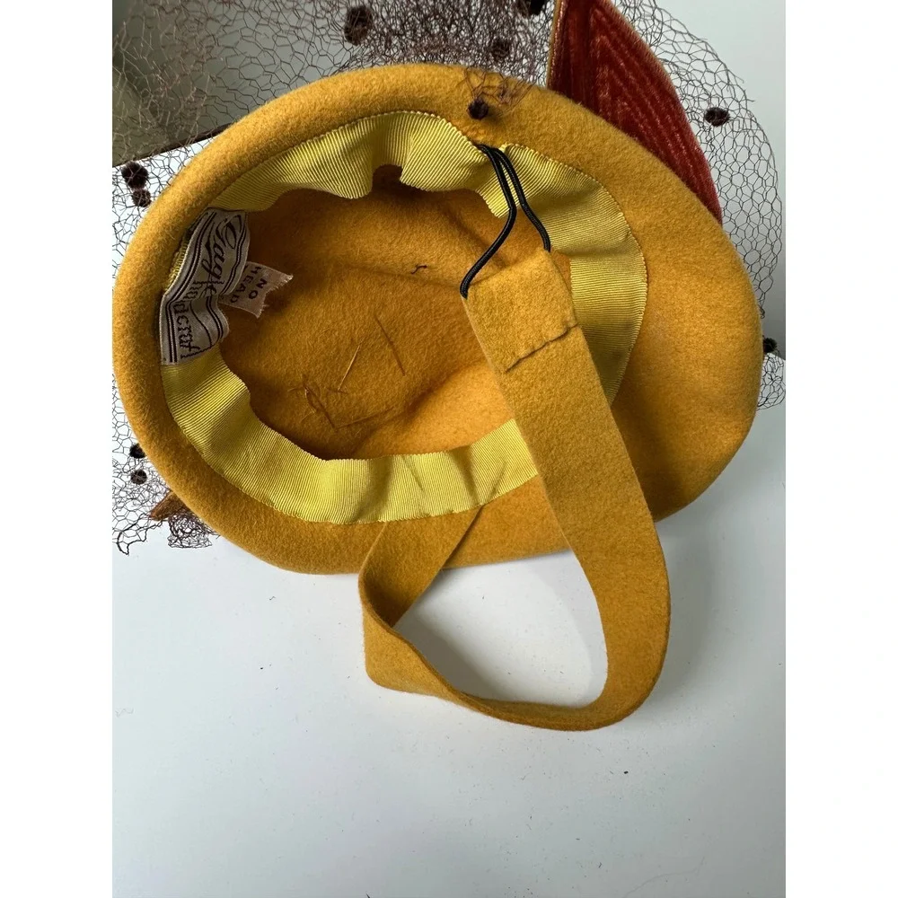 Vintage 1940s Tilt Hat Mustard Yellow Felt Brown Velvet Leaves Eagle Handcraft